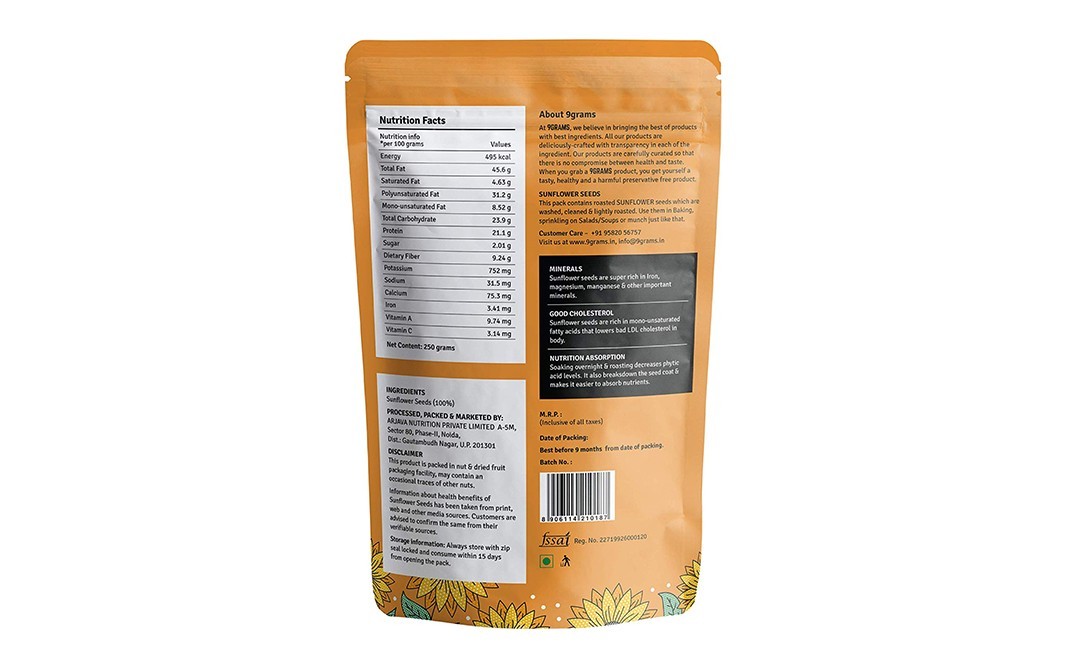 9Grams Sprouted & Crunchy Sunflower Seeds Unsalted   Pack  250 grams